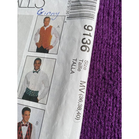 McCalls 9136 mens vest bow tie cummerbund pattern size 36 38 40 - Picture 2 of 6